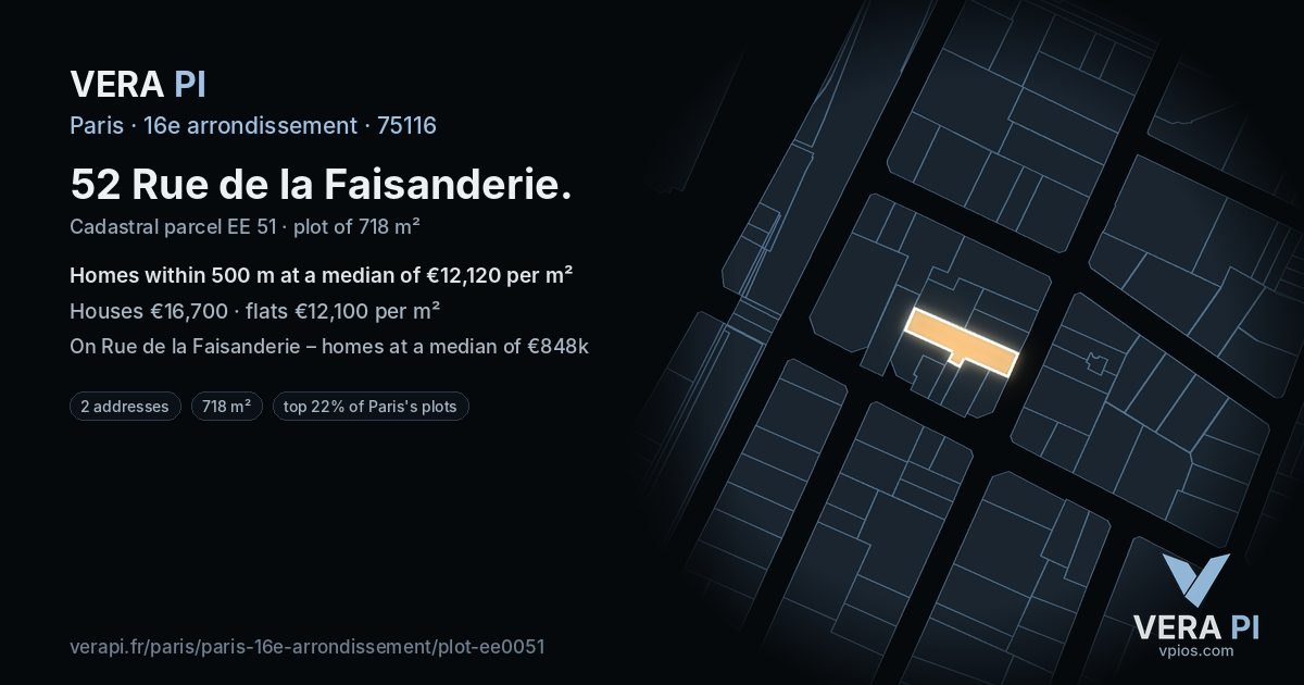 52 Rue de la Faisanderie, 16e arrondissement at night – the plot lit, the parcels around coloured by the prices near them