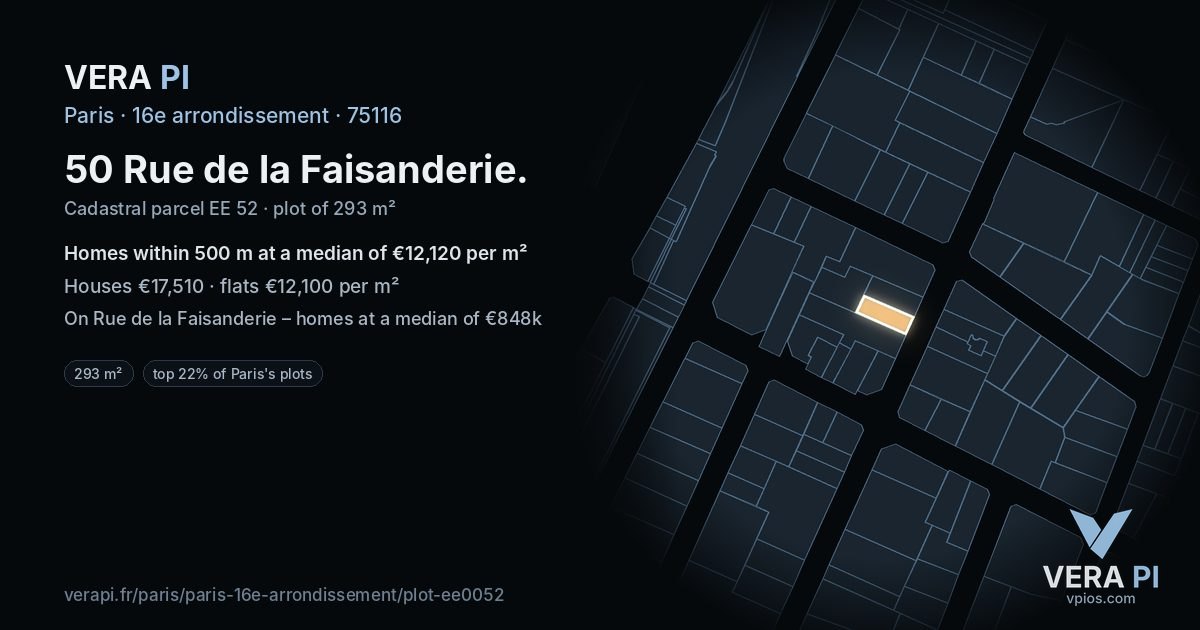 50 Rue de la Faisanderie, 16e arrondissement at night – the plot lit, the parcels around coloured by the prices near them