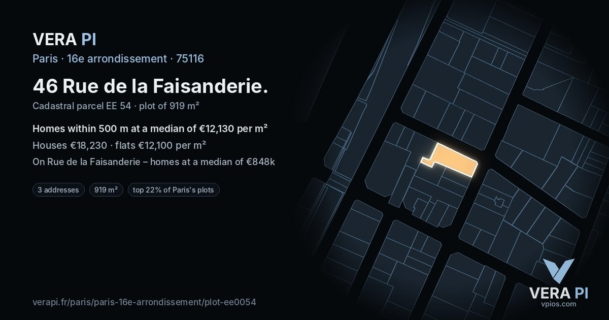 46 Rue de la Faisanderie, 16e arrondissement at night – the plot lit, the parcels around coloured by the prices near them