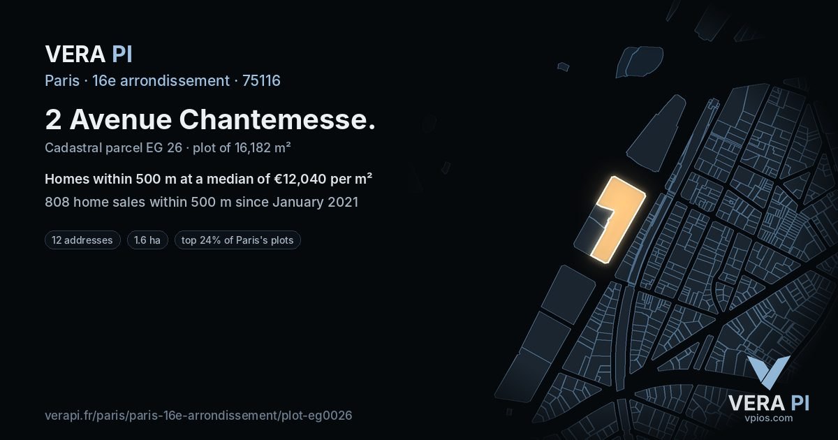 2 Avenue Chantemesse, 16e arrondissement at night – the plot lit, the parcels around coloured by the prices near them