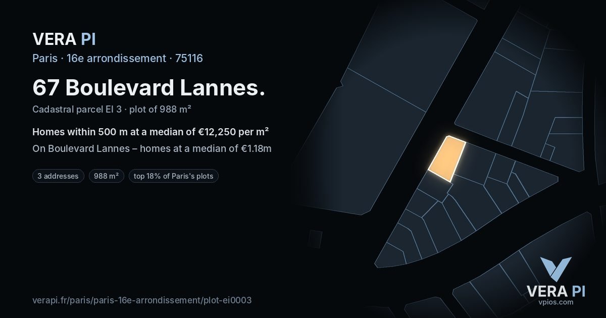 67 Boulevard Lannes, 16e arrondissement at night – the plot lit, the parcels around coloured by the prices near them