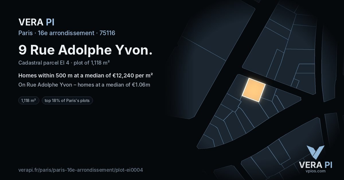 9 Rue Adolphe Yvon, 16e arrondissement at night – the plot lit, the parcels around coloured by the prices near them