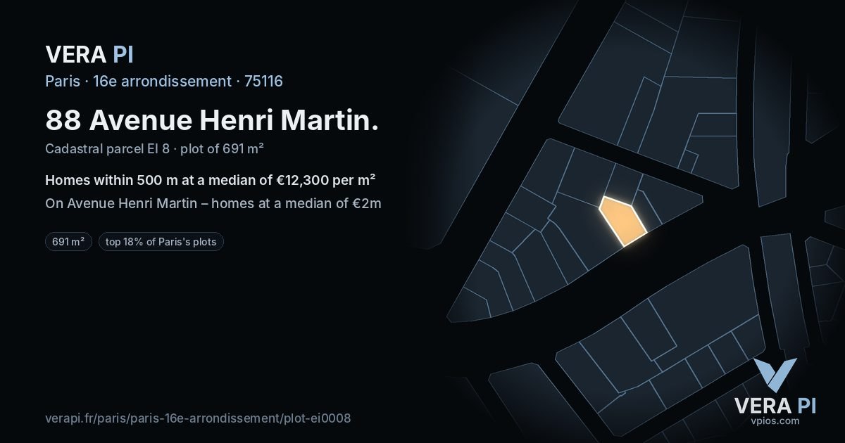 88 Avenue Henri Martin, 16e arrondissement at night – the plot lit, the parcels around coloured by the prices near them