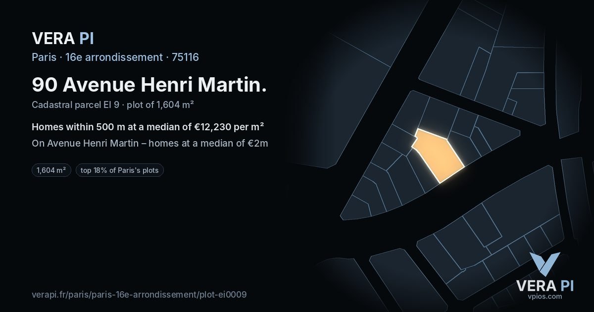 90 Avenue Henri Martin, 16e arrondissement at night – the plot lit, the parcels around coloured by the prices near them