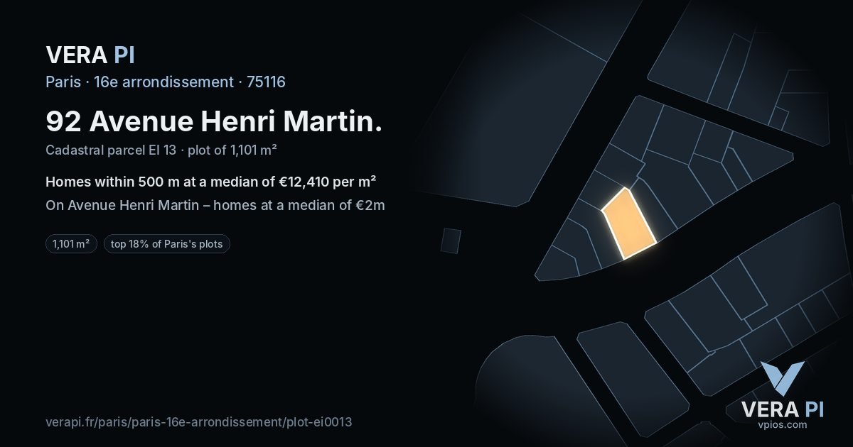 92 Avenue Henri Martin, 16e arrondissement at night – the plot lit, the parcels around coloured by the prices near them