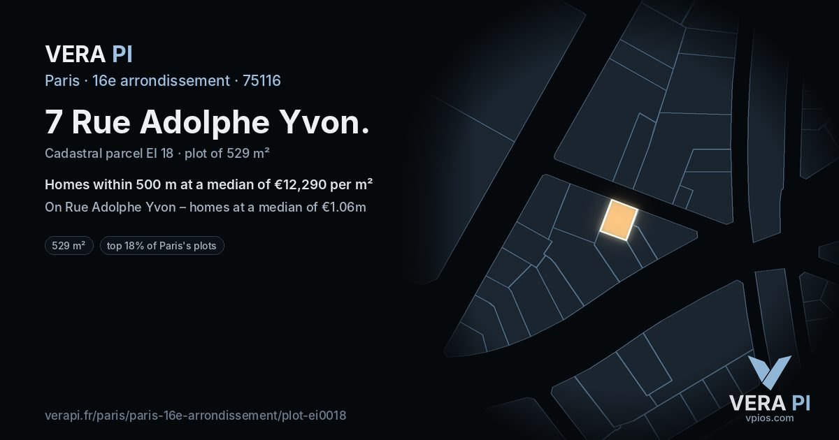 7 Rue Adolphe Yvon, 16e arrondissement at night – the plot lit, the parcels around coloured by the prices near them
