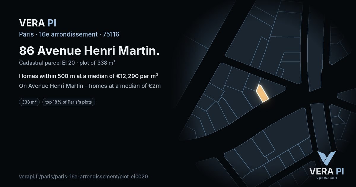 86 Avenue Henri Martin, 16e arrondissement at night – the plot lit, the parcels around coloured by the prices near them