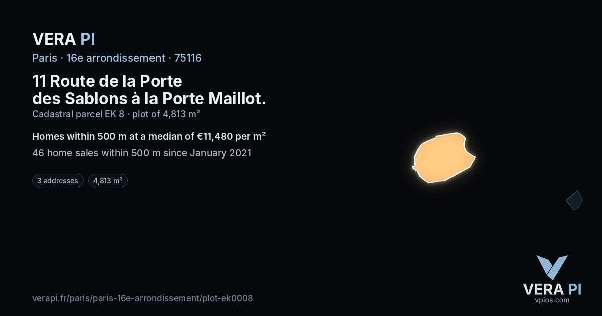 11 Route de la Porte des Sablons à la Porte Maillot, 16e arrondissement at night – the plot lit, the parcels around coloured by the prices near them