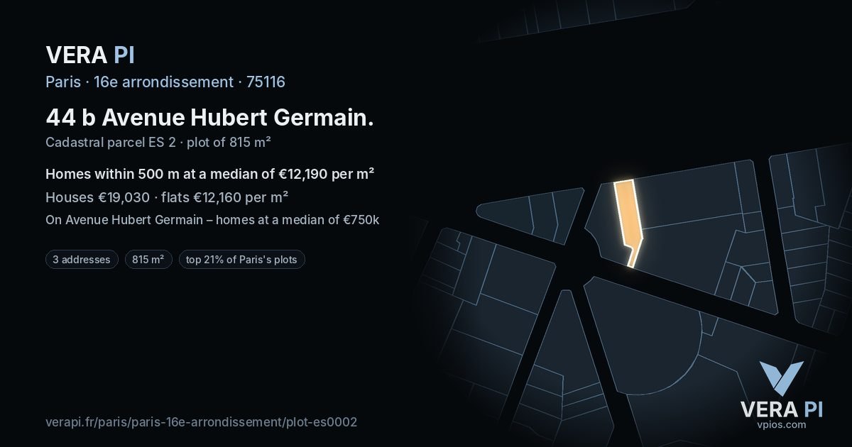 44 b Avenue Hubert Germain, 16e arrondissement at night – the plot lit, the parcels around coloured by the prices near them