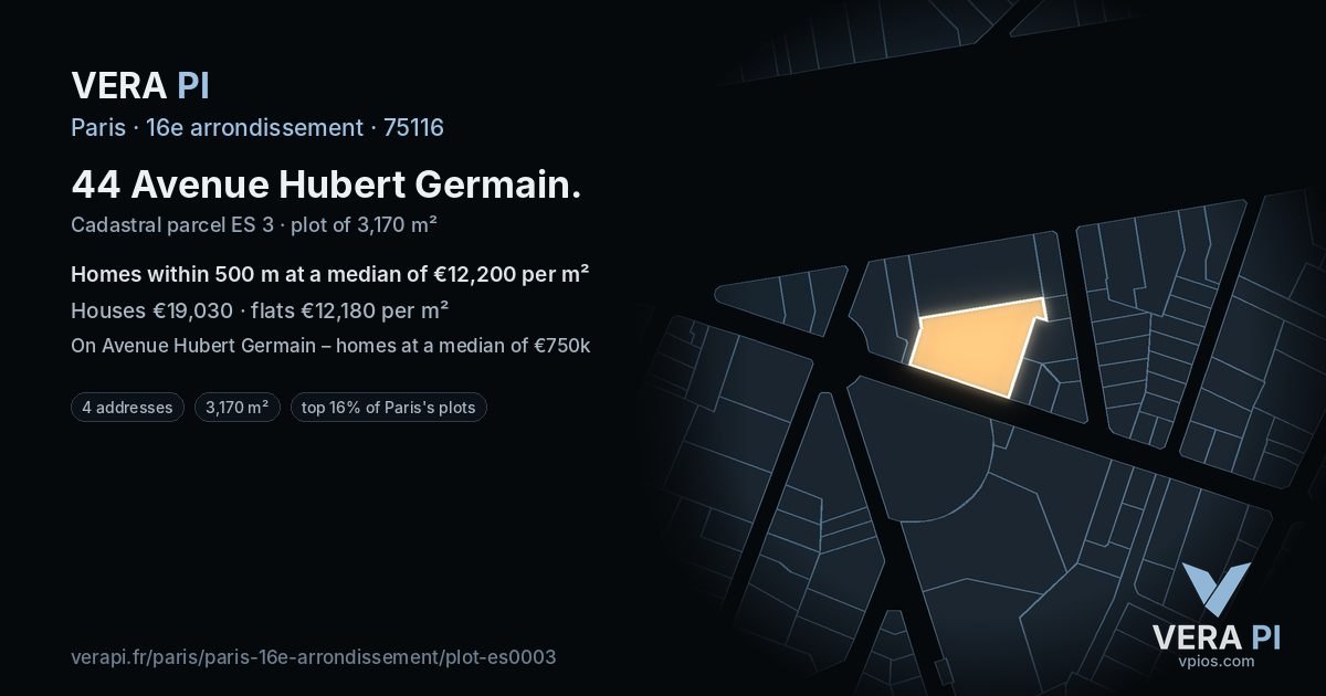 44 Avenue Hubert Germain, 16e arrondissement at night – the plot lit, the parcels around coloured by the prices near them