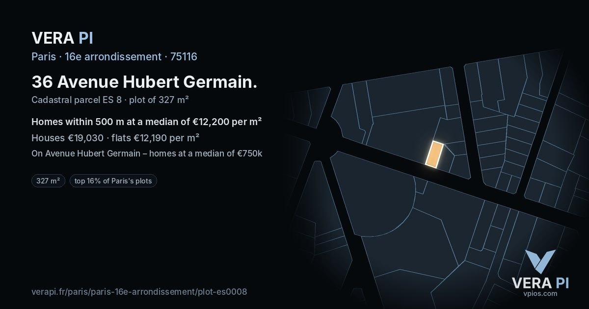 36 Avenue Hubert Germain, 16e arrondissement at night – the plot lit, the parcels around coloured by the prices near them