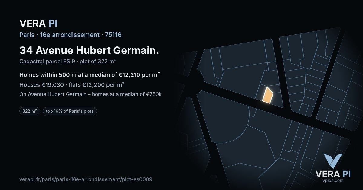 34 Avenue Hubert Germain, 16e arrondissement at night – the plot lit, the parcels around coloured by the prices near them