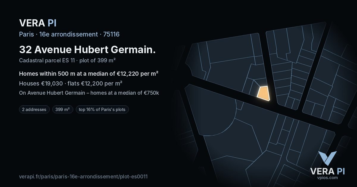 32 Avenue Hubert Germain, 16e arrondissement at night – the plot lit, the parcels around coloured by the prices near them