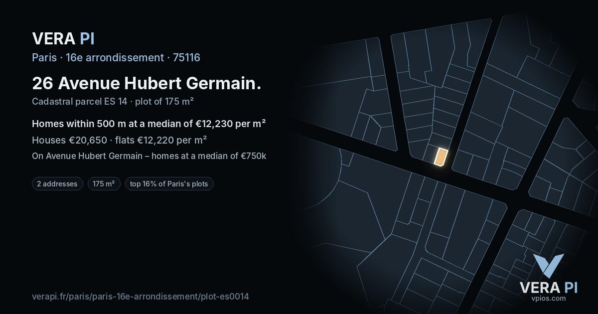 26 Avenue Hubert Germain, 16e arrondissement at night – the plot lit, the parcels around coloured by the prices near them