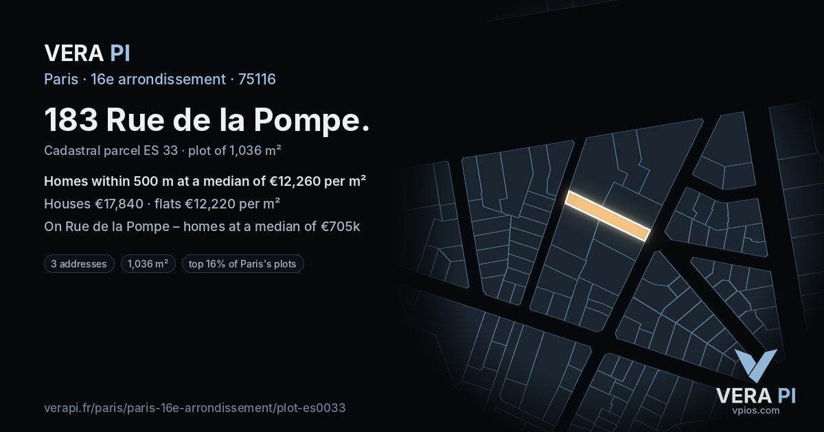 183 Rue de la Pompe, 16e arrondissement at night – the plot lit, the parcels around coloured by the prices near them