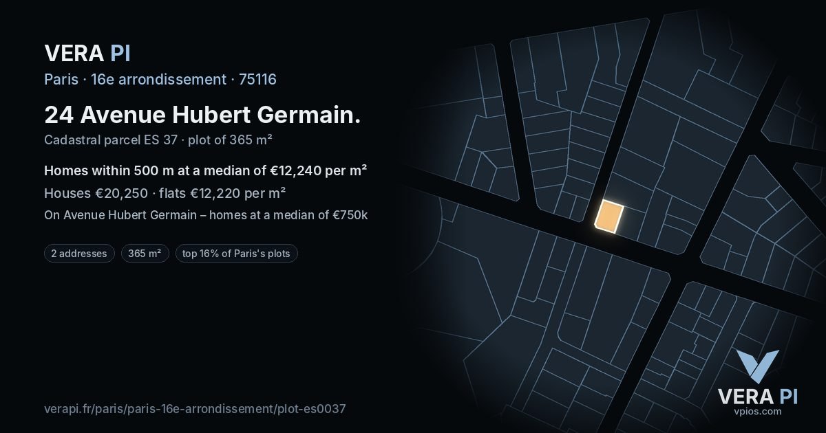 24 Avenue Hubert Germain, 16e arrondissement at night – the plot lit, the parcels around coloured by the prices near them