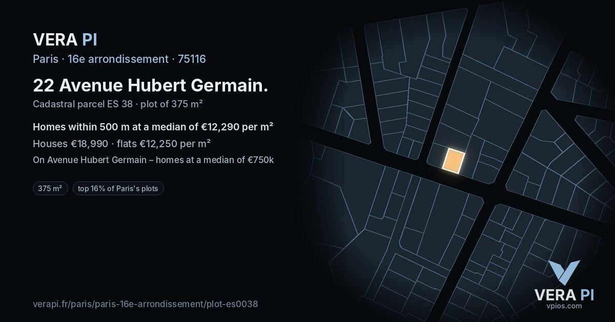 22 Avenue Hubert Germain, 16e arrondissement at night – the plot lit, the parcels around coloured by the prices near them