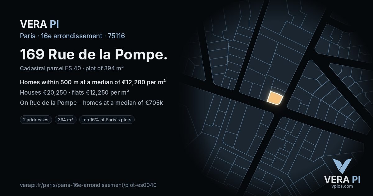 169 Rue de la Pompe, 16e arrondissement at night – the plot lit, the parcels around coloured by the prices near them