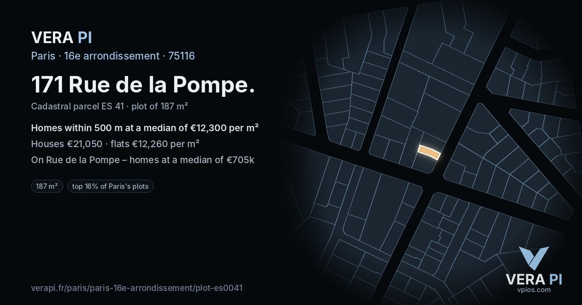 171 Rue de la Pompe, 16e arrondissement at night – the plot lit, the parcels around coloured by the prices near them