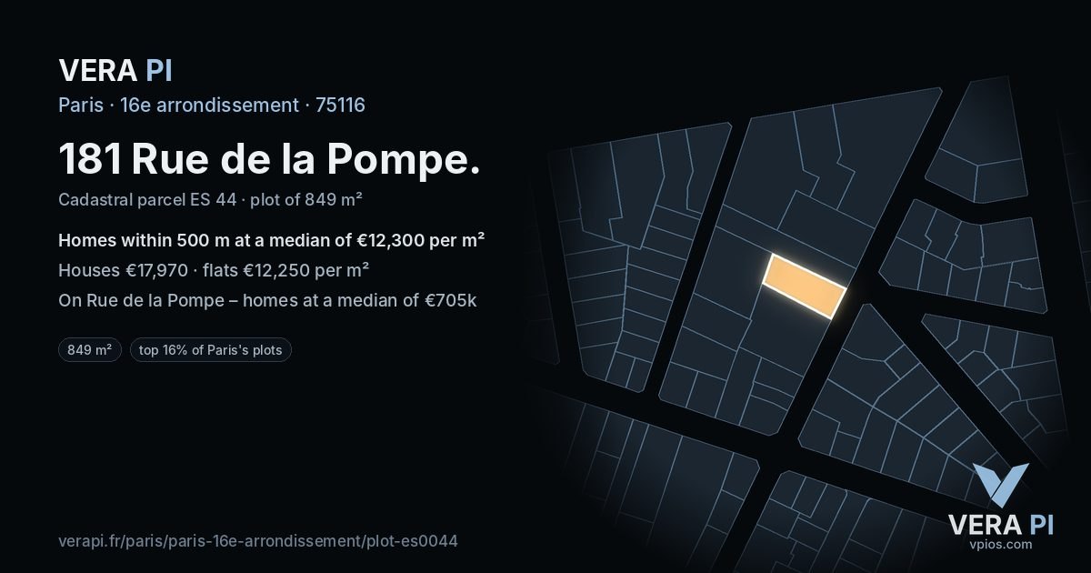 181 Rue de la Pompe, 16e arrondissement at night – the plot lit, the parcels around coloured by the prices near them