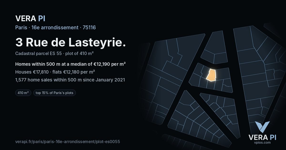 3 Rue de Lasteyrie, 16e arrondissement at night – the plot lit, the parcels around coloured by the prices near them