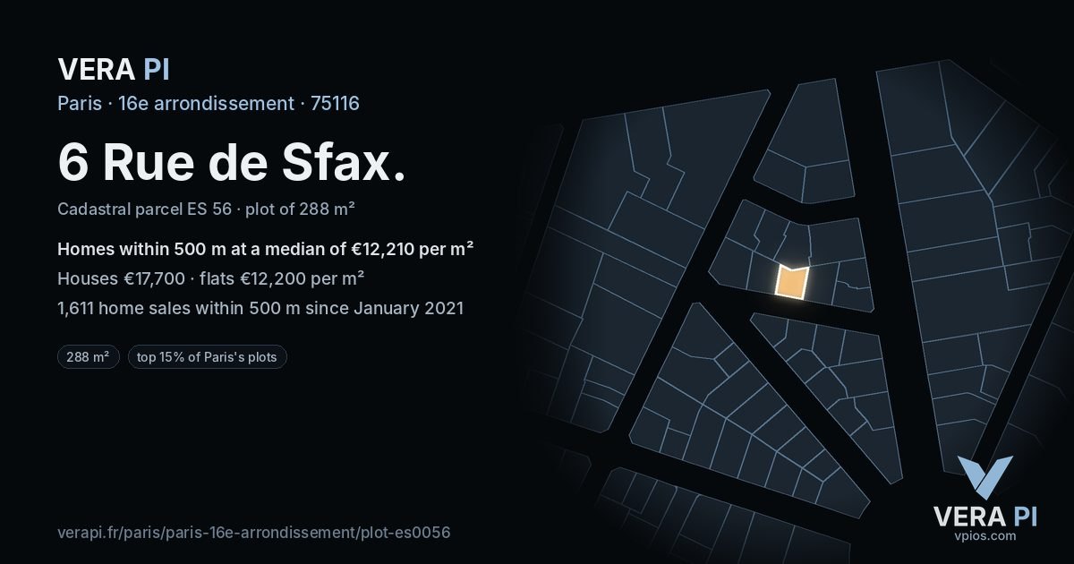 6 Rue de Sfax, 16e arrondissement at night – the plot lit, the parcels around coloured by the prices near them