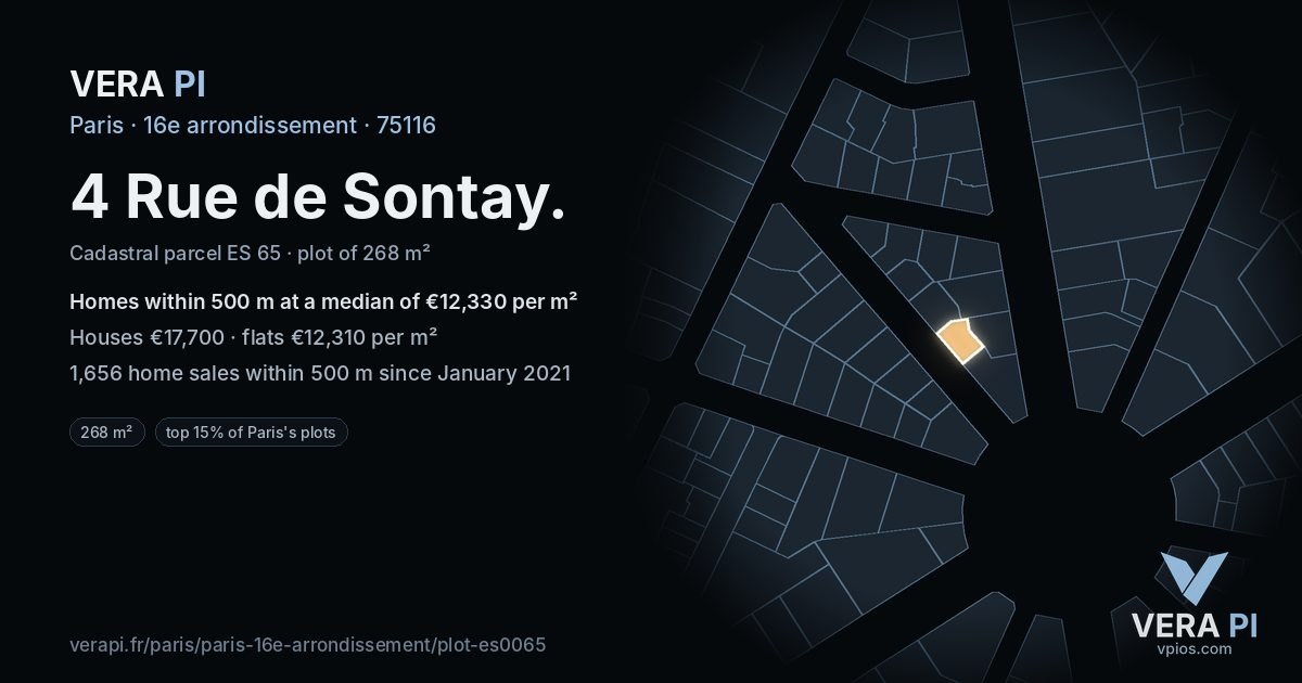 4 Rue de Sontay, 16e arrondissement at night – the plot lit, the parcels around coloured by the prices near them