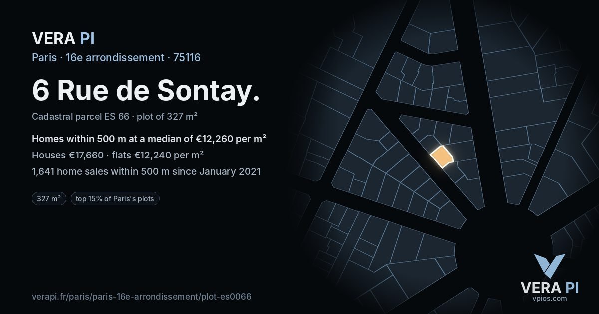 6 Rue de Sontay, 16e arrondissement at night – the plot lit, the parcels around coloured by the prices near them