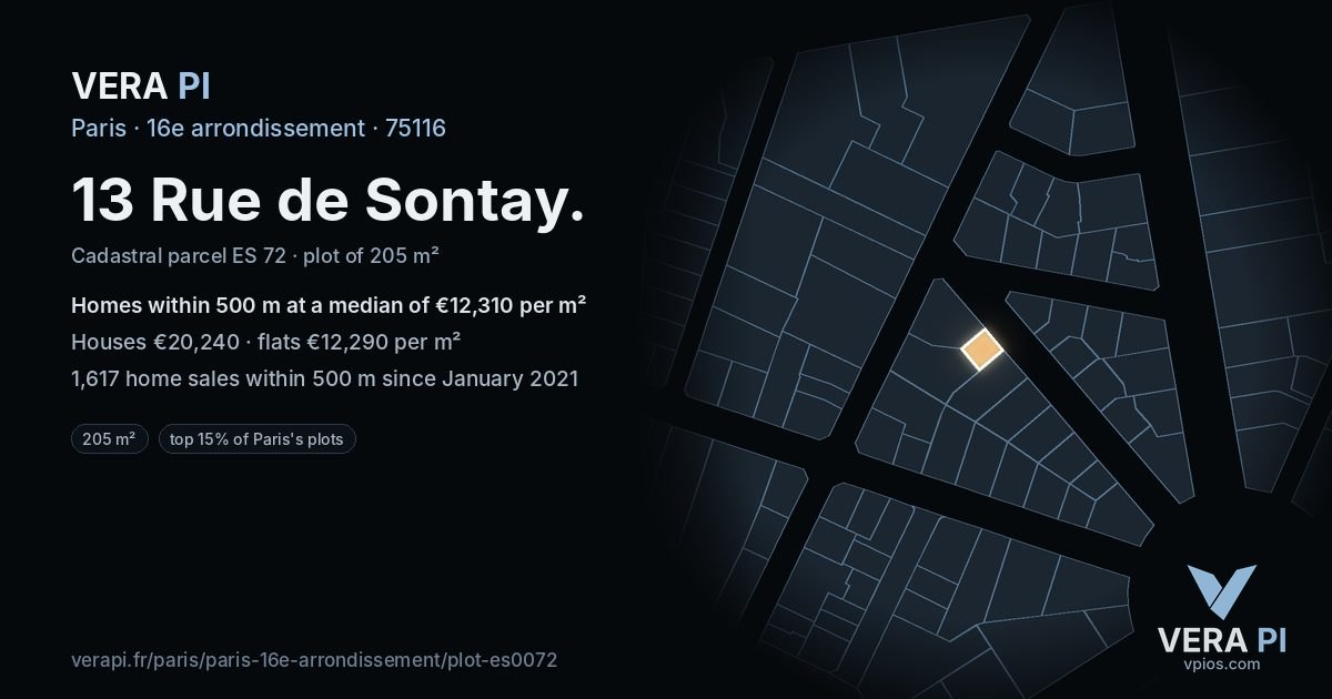 13 Rue de Sontay, 16e arrondissement at night – the plot lit, the parcels around coloured by the prices near them