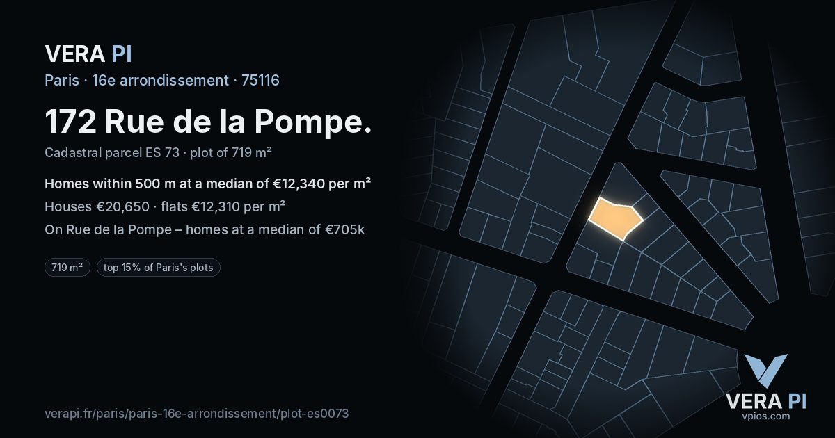 172 Rue de la Pompe, 16e arrondissement at night – the plot lit, the parcels around coloured by the prices near them