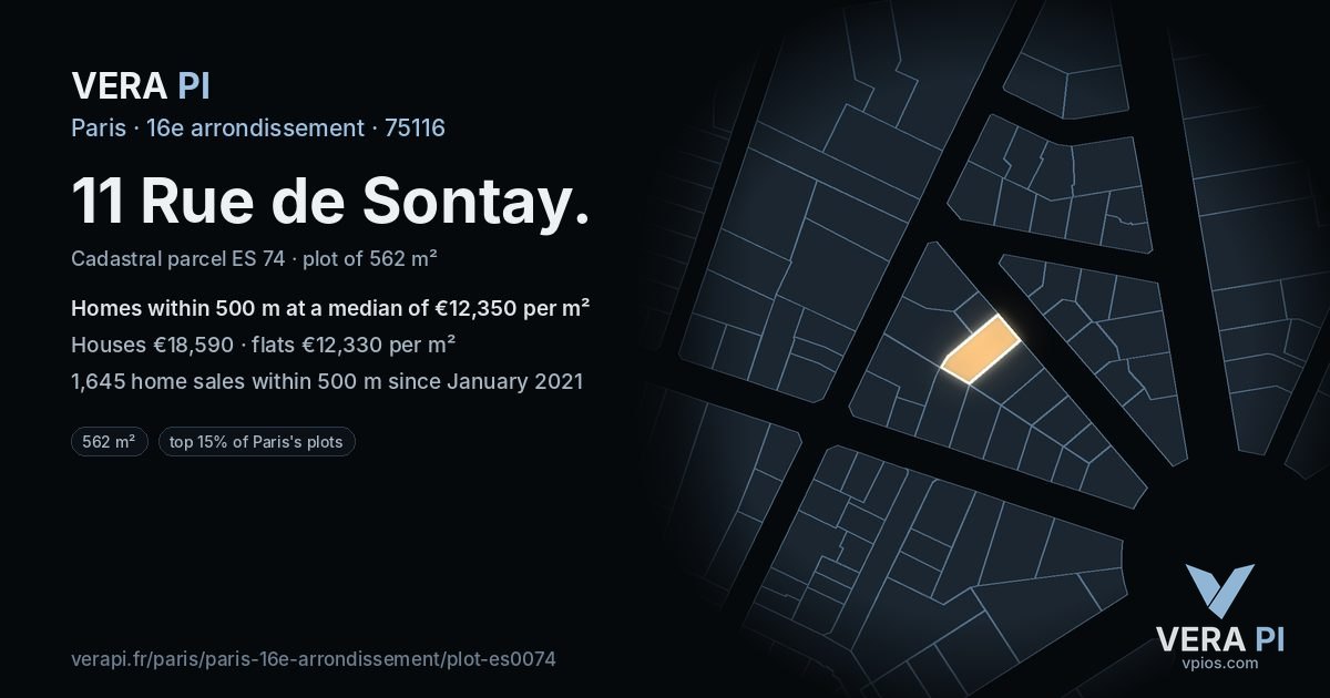 11 Rue de Sontay, 16e arrondissement at night – the plot lit, the parcels around coloured by the prices near them