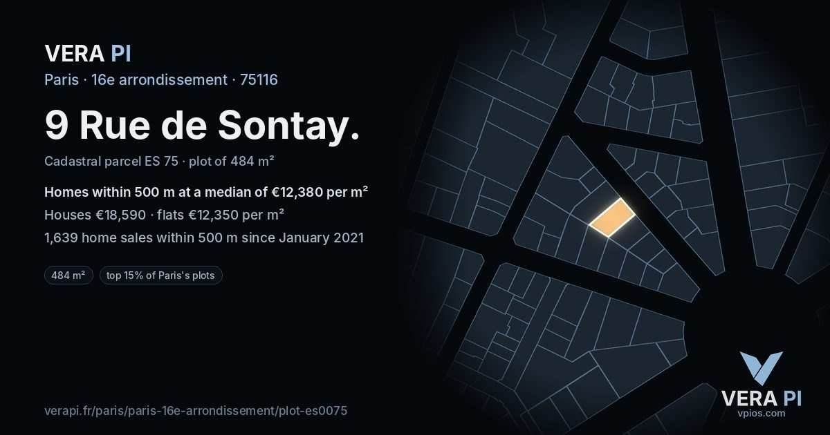 9 Rue de Sontay, 16e arrondissement at night – the plot lit, the parcels around coloured by the prices near them