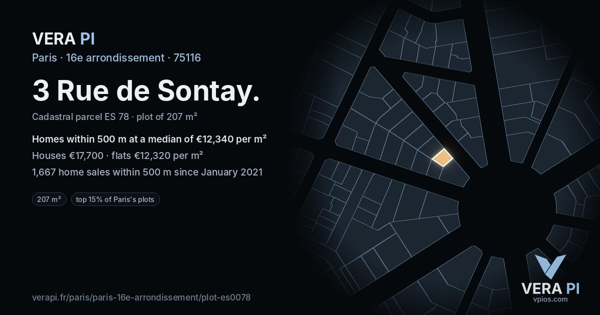 3 Rue de Sontay, 16e arrondissement at night – the plot lit, the parcels around coloured by the prices near them