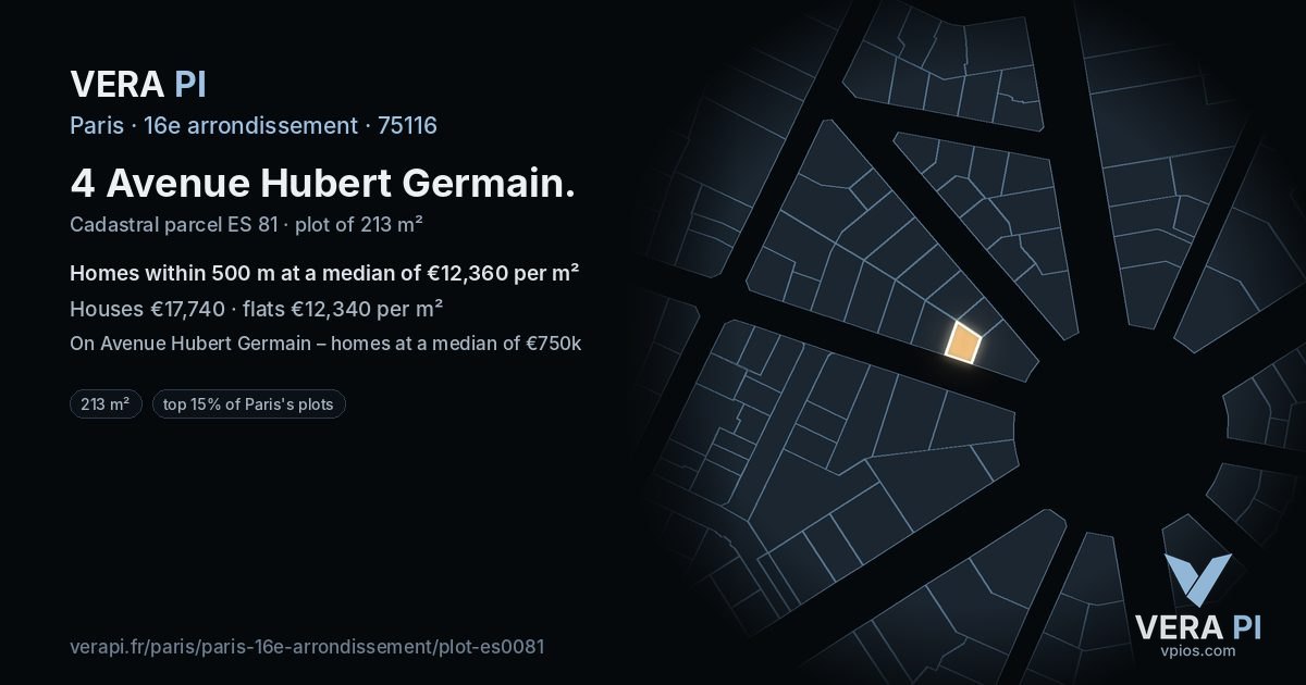 4 Avenue Hubert Germain, 16e arrondissement at night – the plot lit, the parcels around coloured by the prices near them