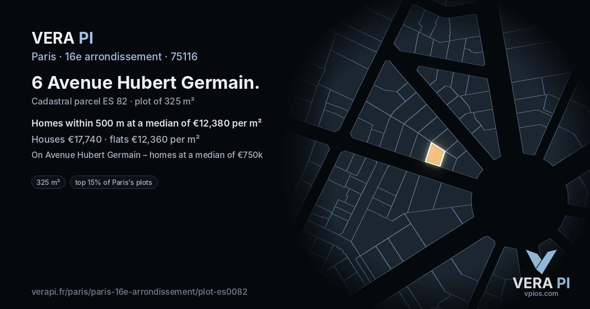 6 Avenue Hubert Germain, 16e arrondissement at night – the plot lit, the parcels around coloured by the prices near them