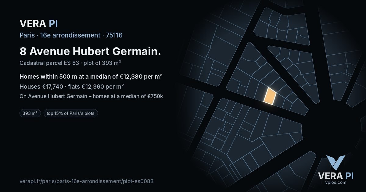 8 Avenue Hubert Germain, 16e arrondissement at night – the plot lit, the parcels around coloured by the prices near them