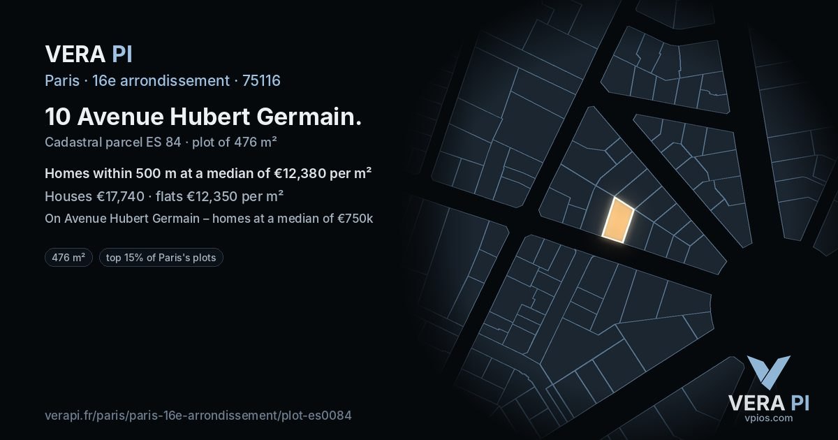 10 Avenue Hubert Germain, 16e arrondissement at night – the plot lit, the parcels around coloured by the prices near them