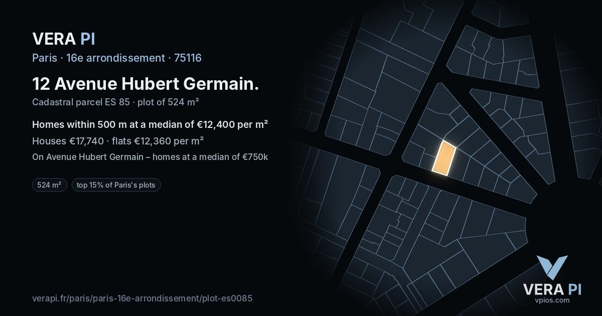 12 Avenue Hubert Germain, 16e arrondissement at night – the plot lit, the parcels around coloured by the prices near them
