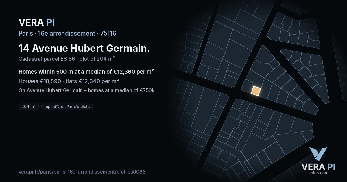 14 Avenue Hubert Germain, 16e arrondissement at night – the plot lit, the parcels around coloured by the prices near them