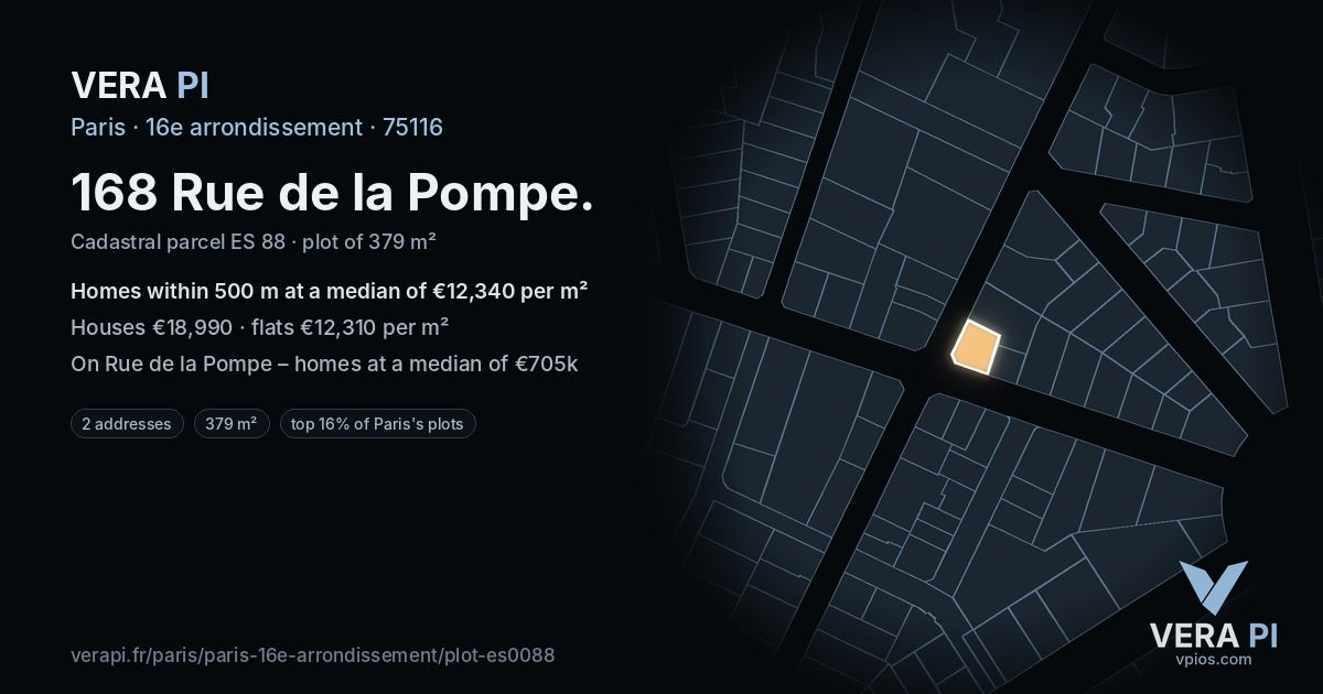 168 Rue de la Pompe, 16e arrondissement at night – the plot lit, the parcels around coloured by the prices near them
