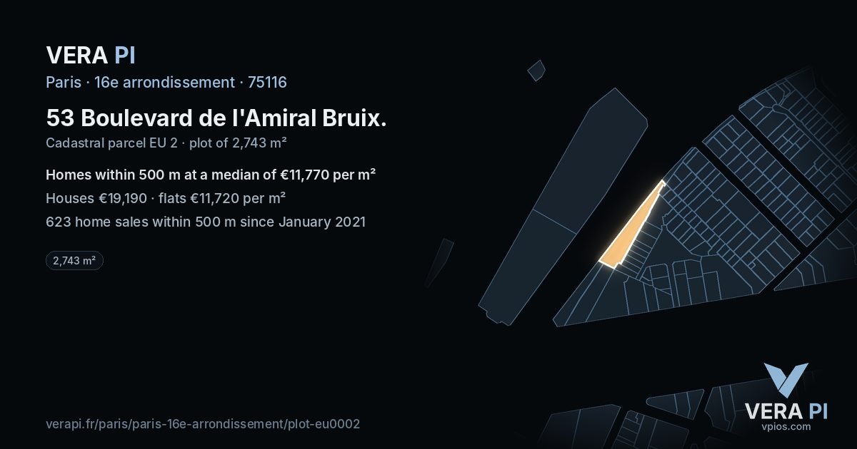 53 Boulevard de l'Amiral Bruix, 16e arrondissement at night – the plot lit, the parcels around coloured by the prices near them