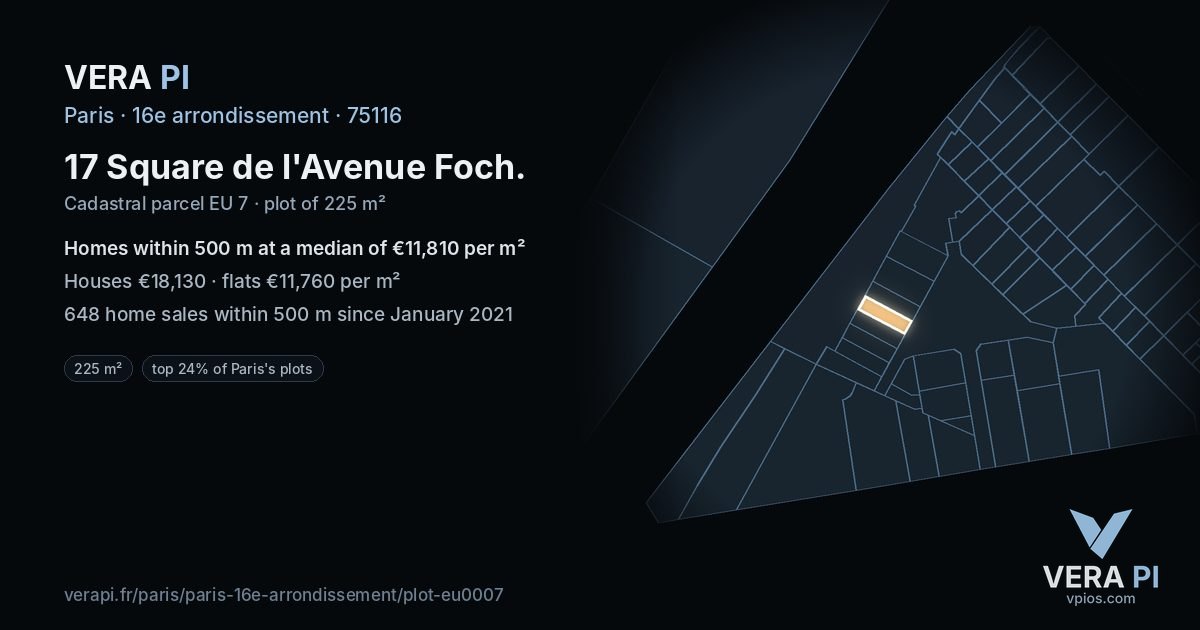 17 Square de l'Avenue Foch, 16e arrondissement at night – the plot lit, the parcels around coloured by the prices near them