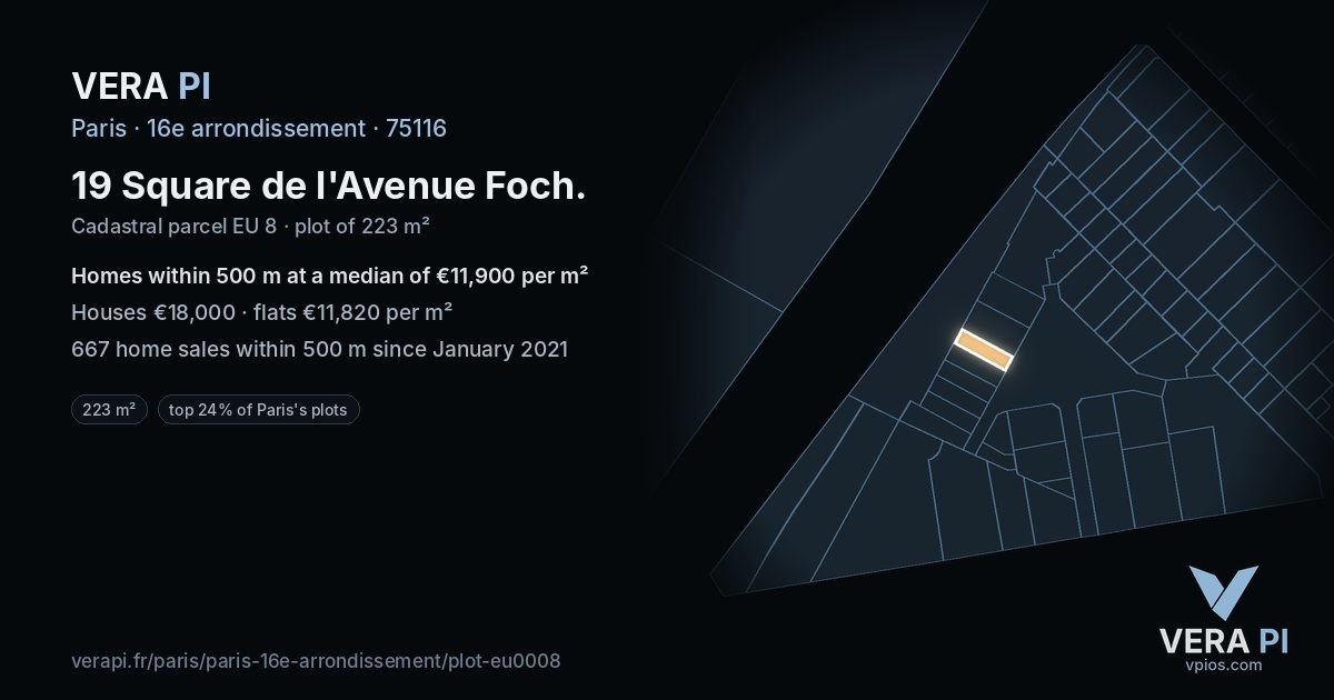 19 Square de l'Avenue Foch, 16e arrondissement at night – the plot lit, the parcels around coloured by the prices near them