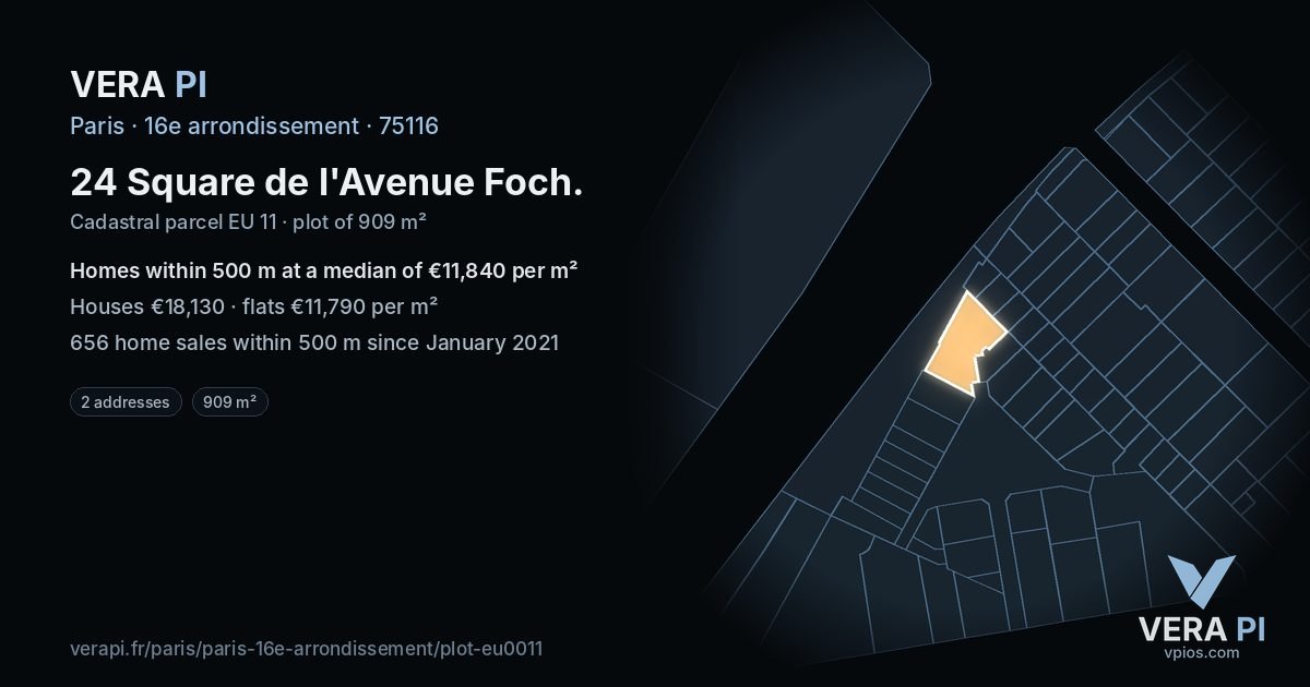24 Square de l'Avenue Foch, 16e arrondissement at night – the plot lit, the parcels around coloured by the prices near them