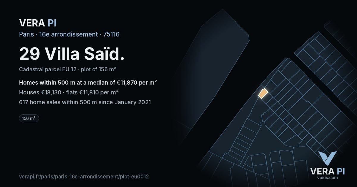 29 Villa Saïd, 16e arrondissement at night – the plot lit, the parcels around coloured by the prices near them