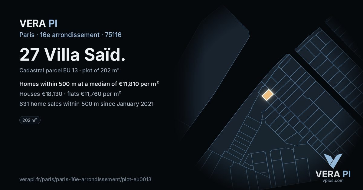 27 Villa Saïd, 16e arrondissement at night – the plot lit, the parcels around coloured by the prices near them