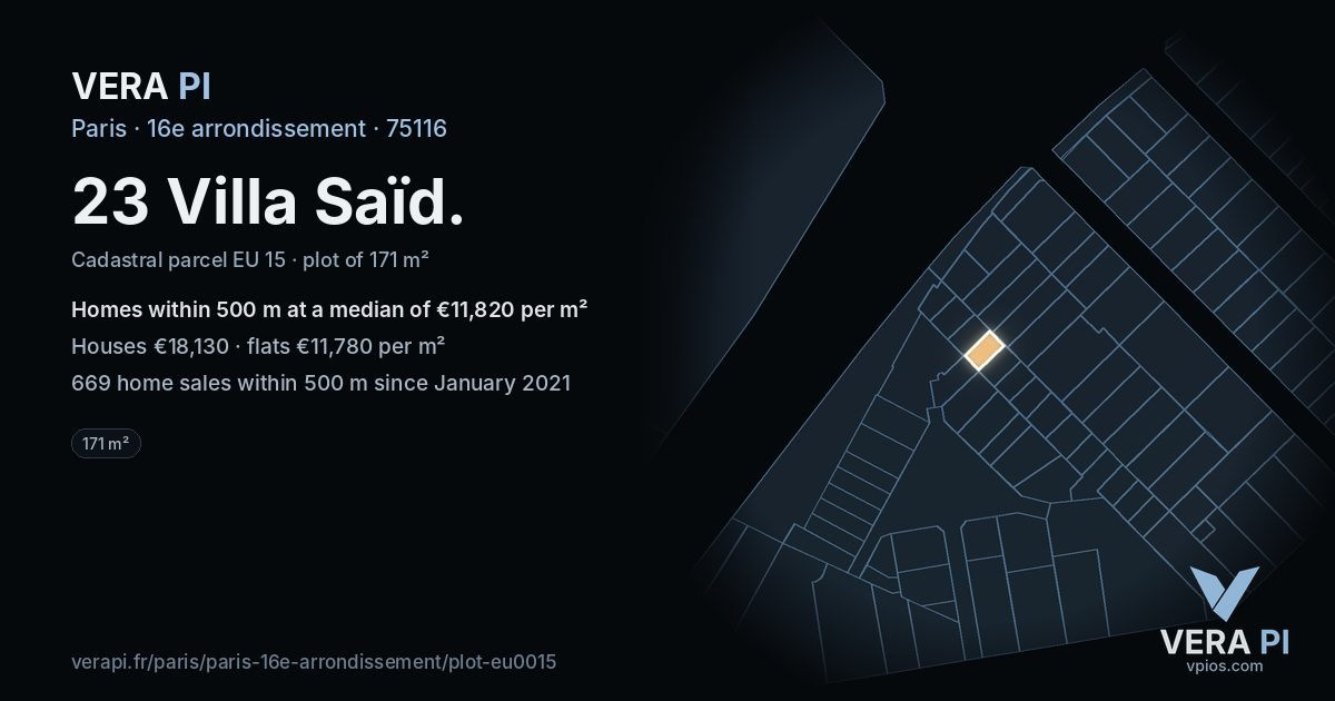 23 Villa Saïd, 16e arrondissement at night – the plot lit, the parcels around coloured by the prices near them