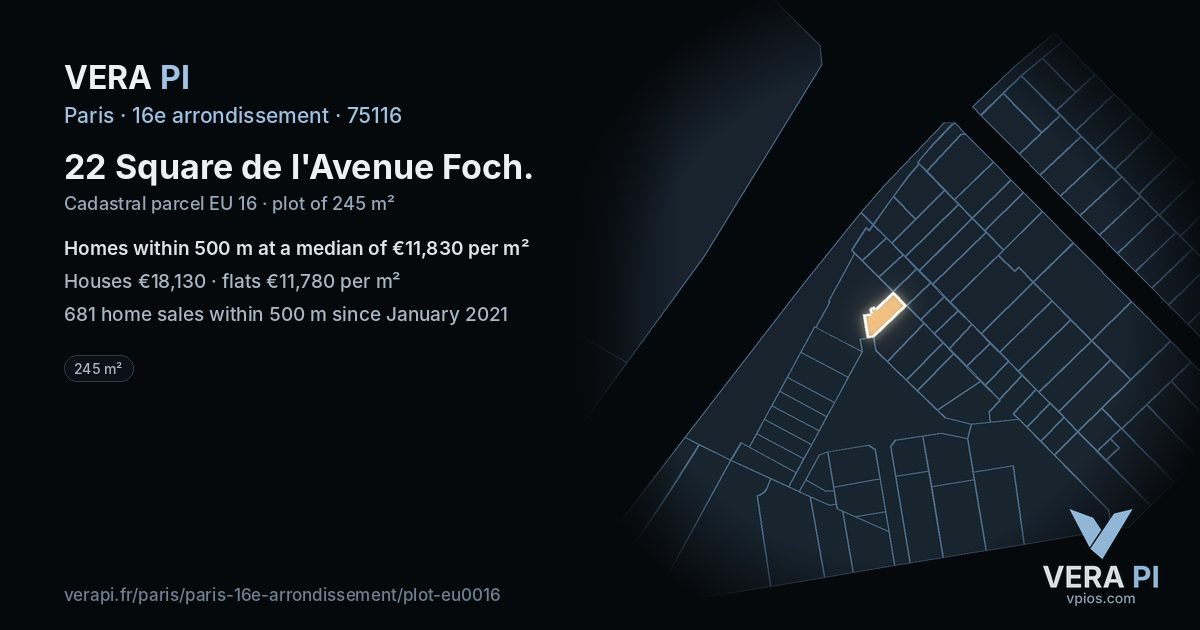 22 Square de l'Avenue Foch, 16e arrondissement at night – the plot lit, the parcels around coloured by the prices near them