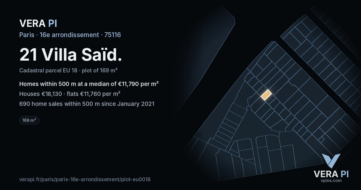 21 Villa Saïd, 16e arrondissement at night – the plot lit, the parcels around coloured by the prices near them