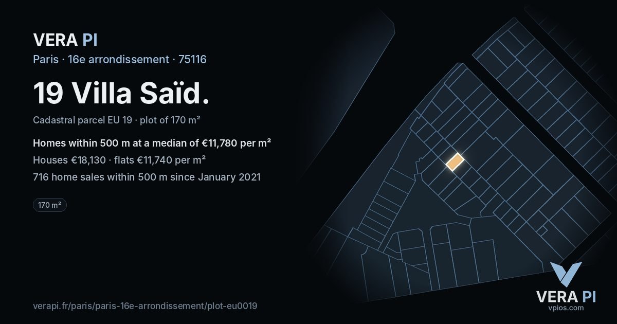 19 Villa Saïd, 16e arrondissement at night – the plot lit, the parcels around coloured by the prices near them